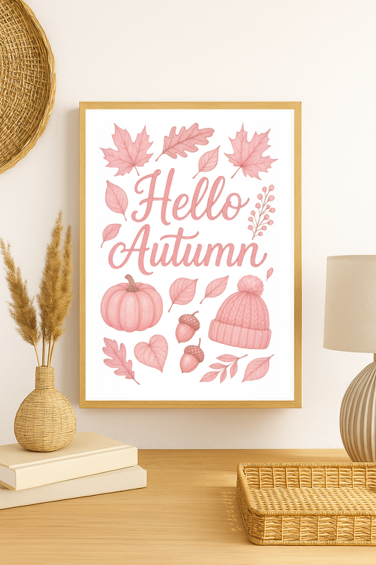 Pink Hello Autumn Wall Art – Cozy Fall Print with Pumpkin, Leaves, Acorns & Knit Hat