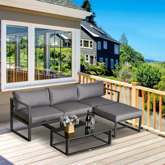 5-Pieces Outdoor Patio Furniture Set with Glass End Table Padded Cushion Grey