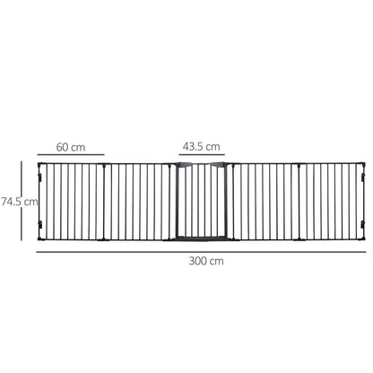 PawHut Pet Safety Gate 5-Panel Playpen Fireplace Christmas Tree Metal Fence Stair Barrier Room Divider with Walk Through Door Automatically Close Lock Black
