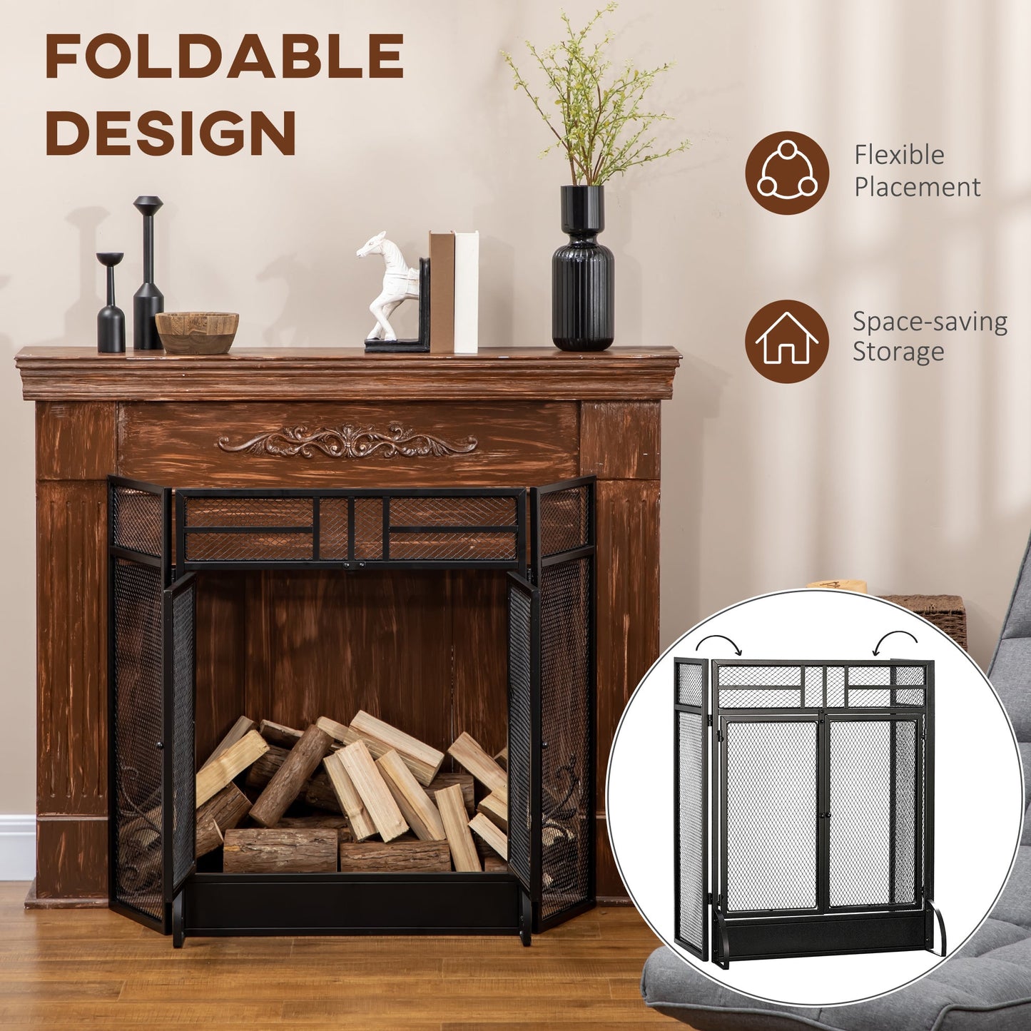 Homcom 3-Panel Metal Mesh Folding Fireplace Screen With Door Freestanding Spark Guard