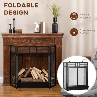 Homcom 3-Panel Metal Mesh Folding Fireplace Screen With Door Freestanding Spark Guard