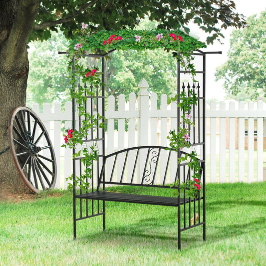 Steel Frame Outdoor Garden Arch w/ 2 Seater Bench Black