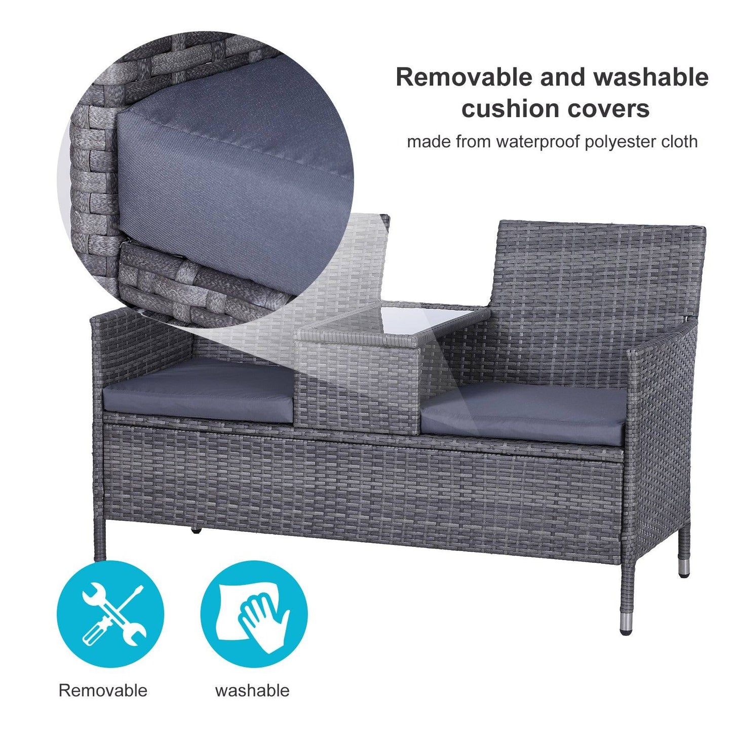 2 Seater PE Rattan Outdoor Garden Bench w/ Centre Table Grey
