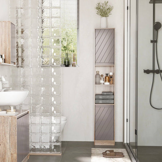 Freestanding Bathroom Storage Cabinet w/ 2 Cupboards 2 Compartments Home Organisation Anti-Tipping Elevated Base 30L x 24W x 170H cm Grey&Brown