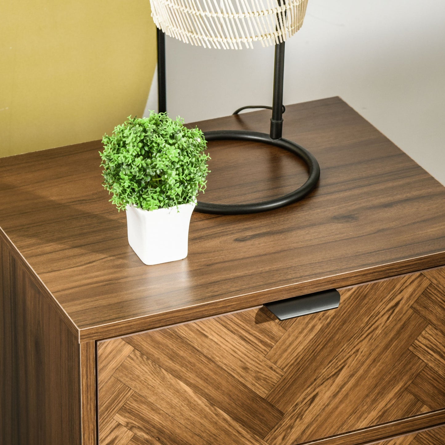 Side Cabinet Home Organizer With 2 Drawer Unit Herringbone Pattern Walnut Tone