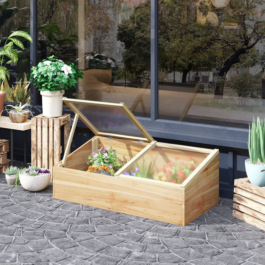 Wooden Cold Frame Greenhouse Garden Polycarbonate Grow House with Independent Openable Top Covers for Flowers