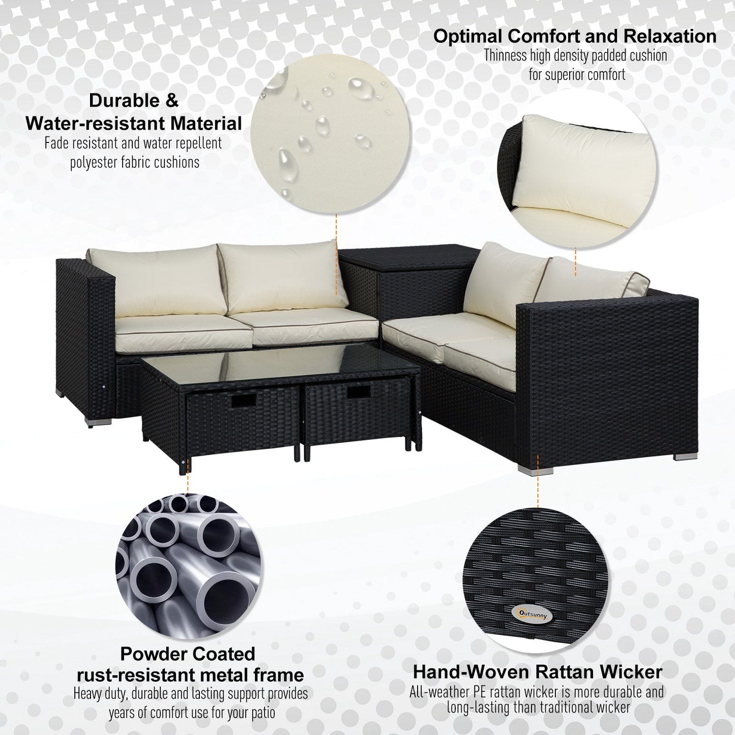 4-Piece Rattan Wicker Garden Furniture Patio Sofa Storage & Table Set w/ 2 Drawers Coffee Table
