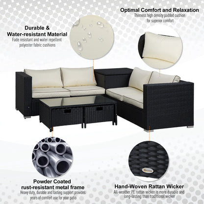 4-Piece Rattan Wicker Garden Furniture Patio Sofa Storage & Table Set w/ 2 Drawers Coffee Table