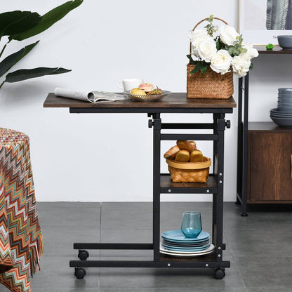 C-Shaped Side Table Industrial Mobile Rolling End Desk with 3-Tier Storage Shelving