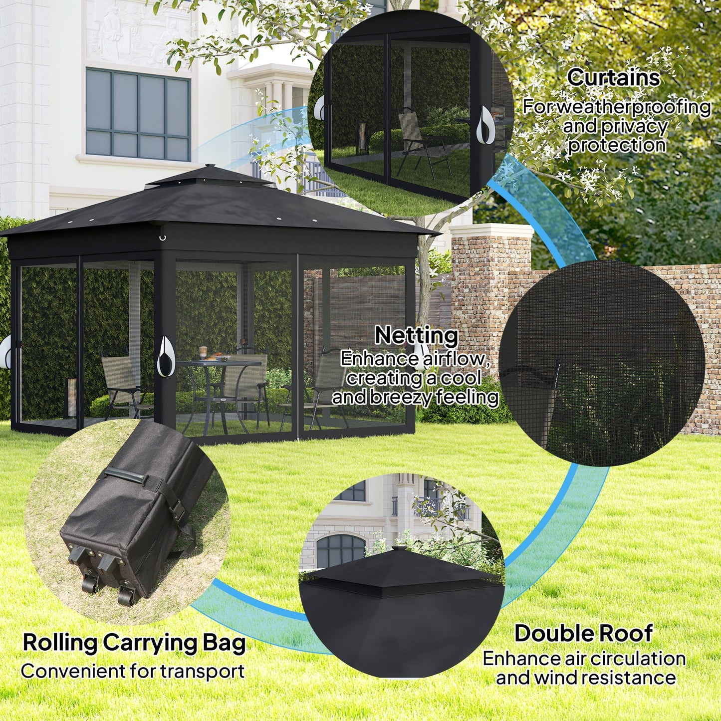 Outsunny 3x3(m) Pop Up Gazebo w/ Solar-Powered LED Lights Netting Black