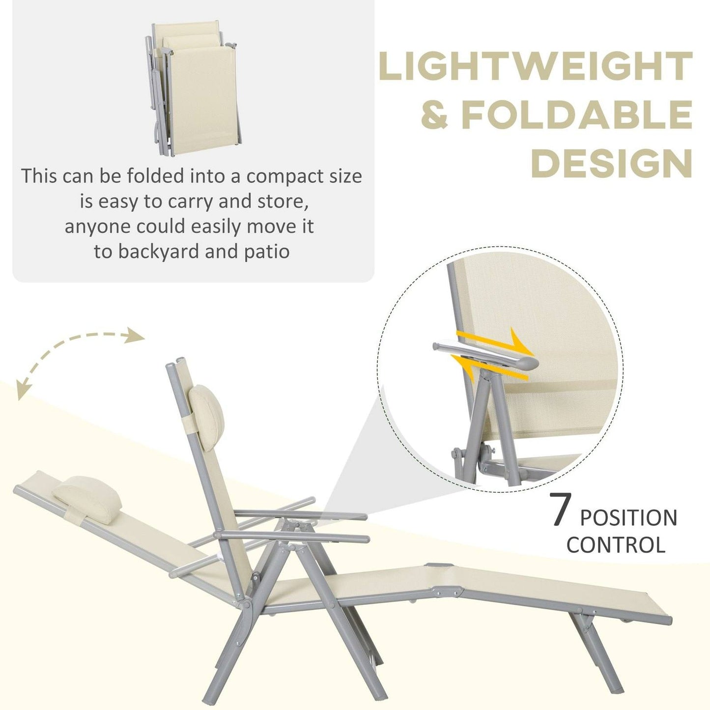 Steel Fabric Sun Lounger Outdoor Texteline Folding Chaise Lounge Chair Recliner with Portable Design & 7 Adjustable Backrest Positions - Beige
