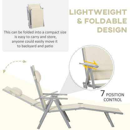 Steel Fabric Sun Lounger Outdoor Texteline Folding Chaise Lounge Chair Recliner with Portable Design & 7 Adjustable Backrest Positions - Beige