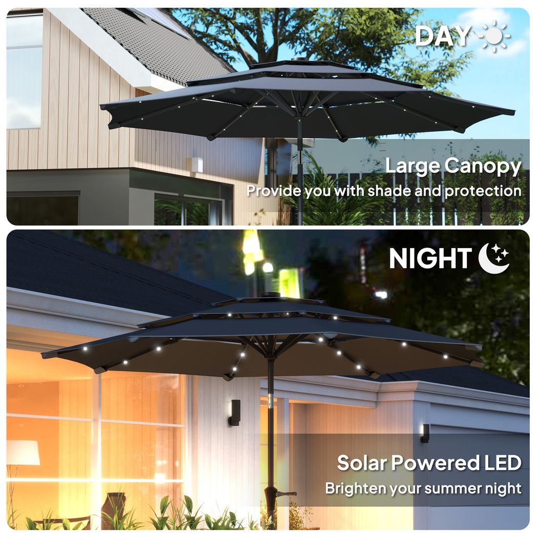 Outsunny 3-Tier Garden Parasol w/ Solar LED Lights, Tilt, Crank Handle