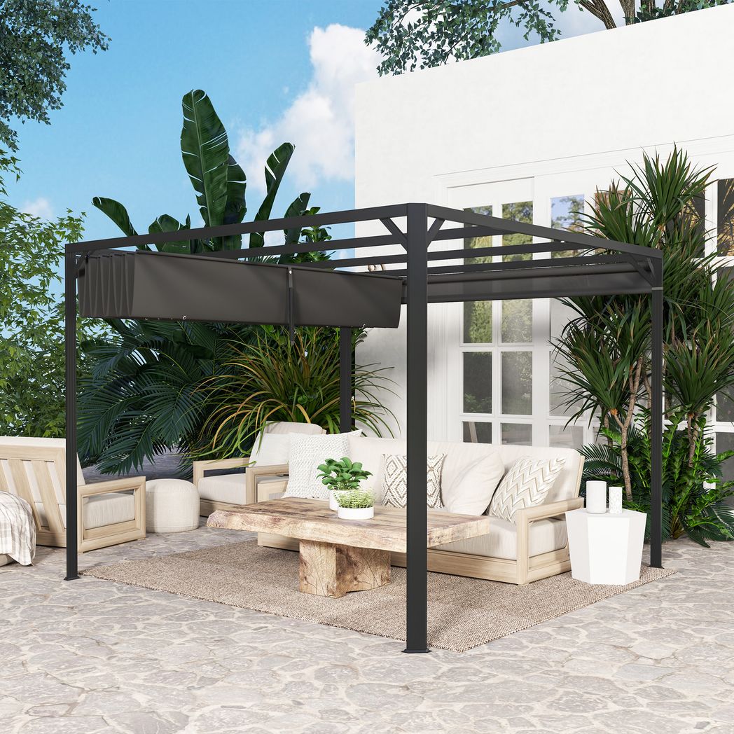 Outsunny 3 x 3(m) Pergola with Retractable Roof & Roller Shade