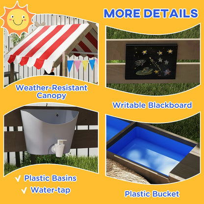 Outsunny Sand Pit with Canopy, Blackboard, Toys, Sink, Seats, Flags for Kids