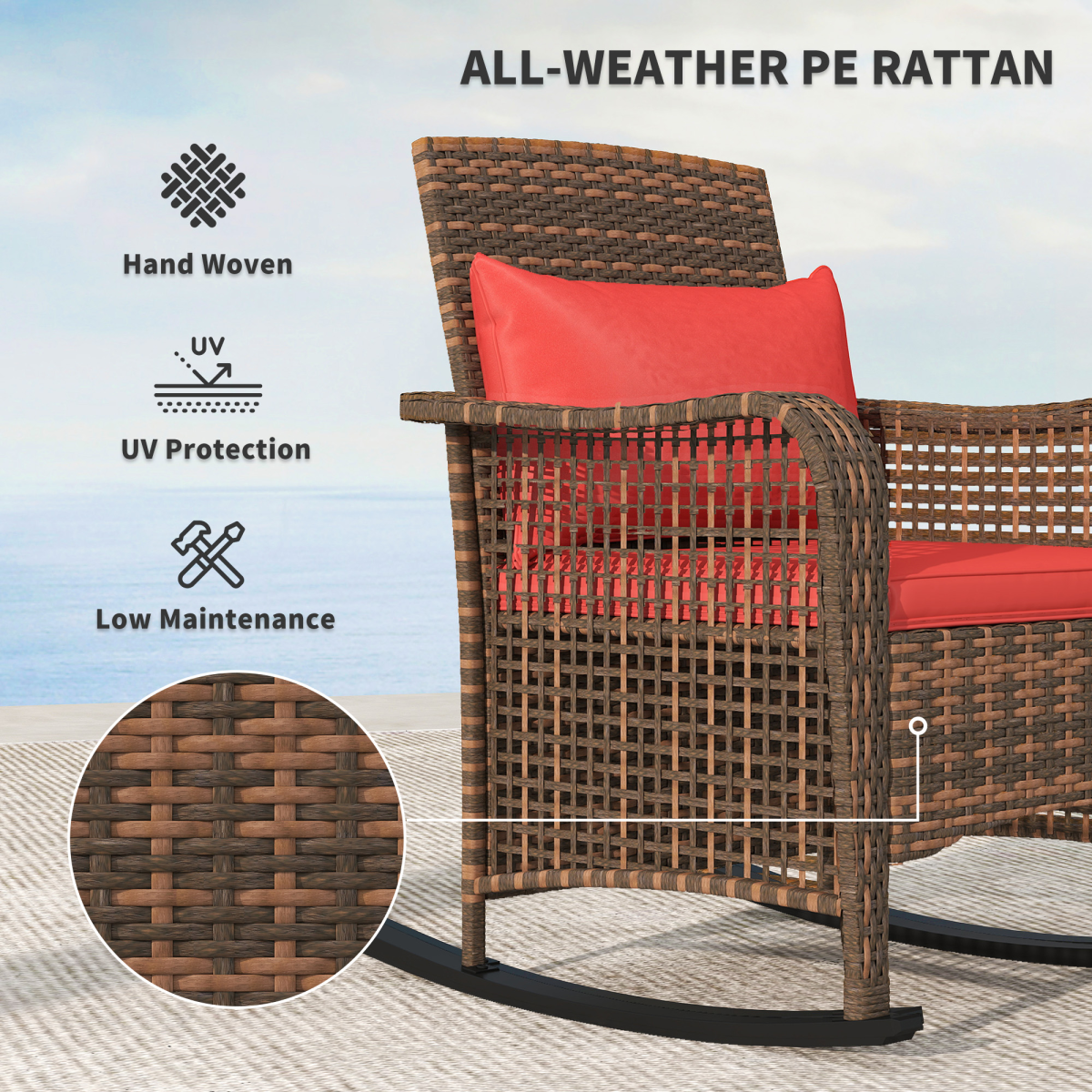 Outsunny Rattan Garden Rocking Chair w/ Seat and Back Cushions
