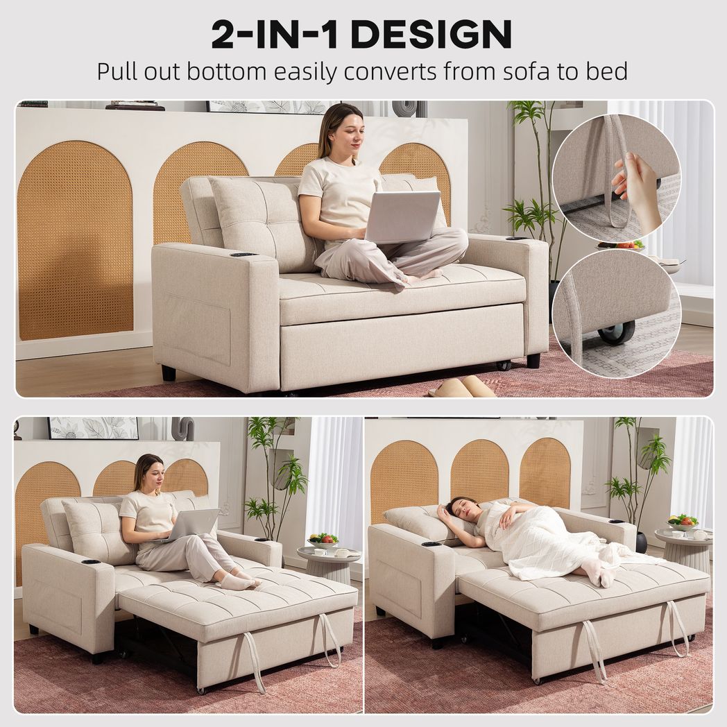 HOMCOM 2 Seater Pull Out Sofa Bed with Pockets for Living Room Beige