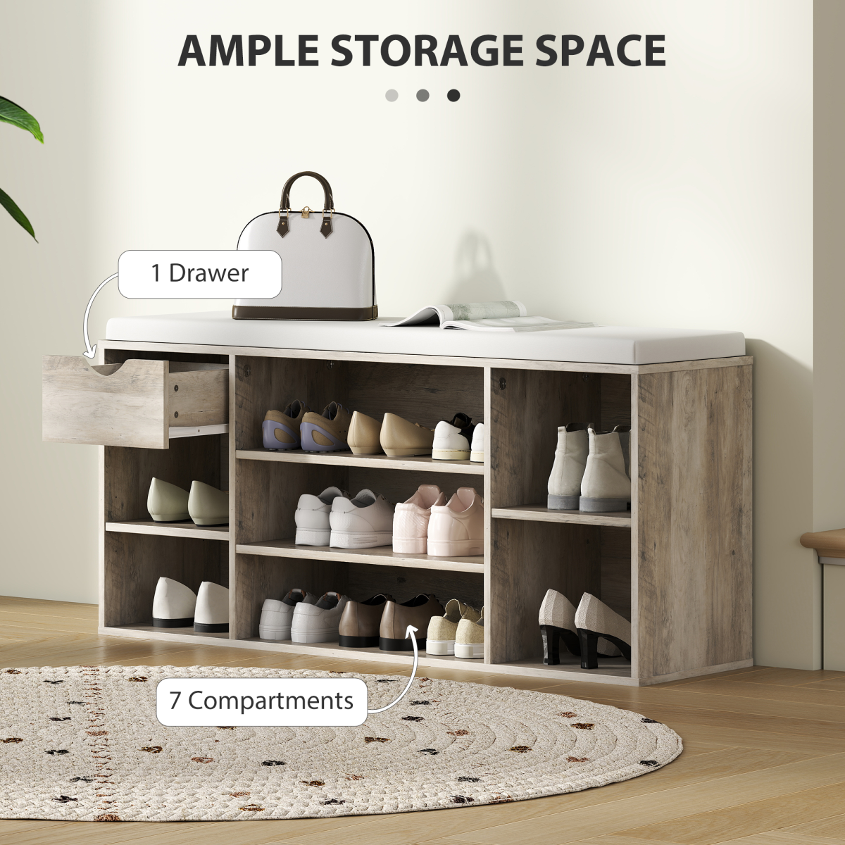 HOMCOM Shoe Storage Cabinet Bench w/ Cushion Adjustable Shelves