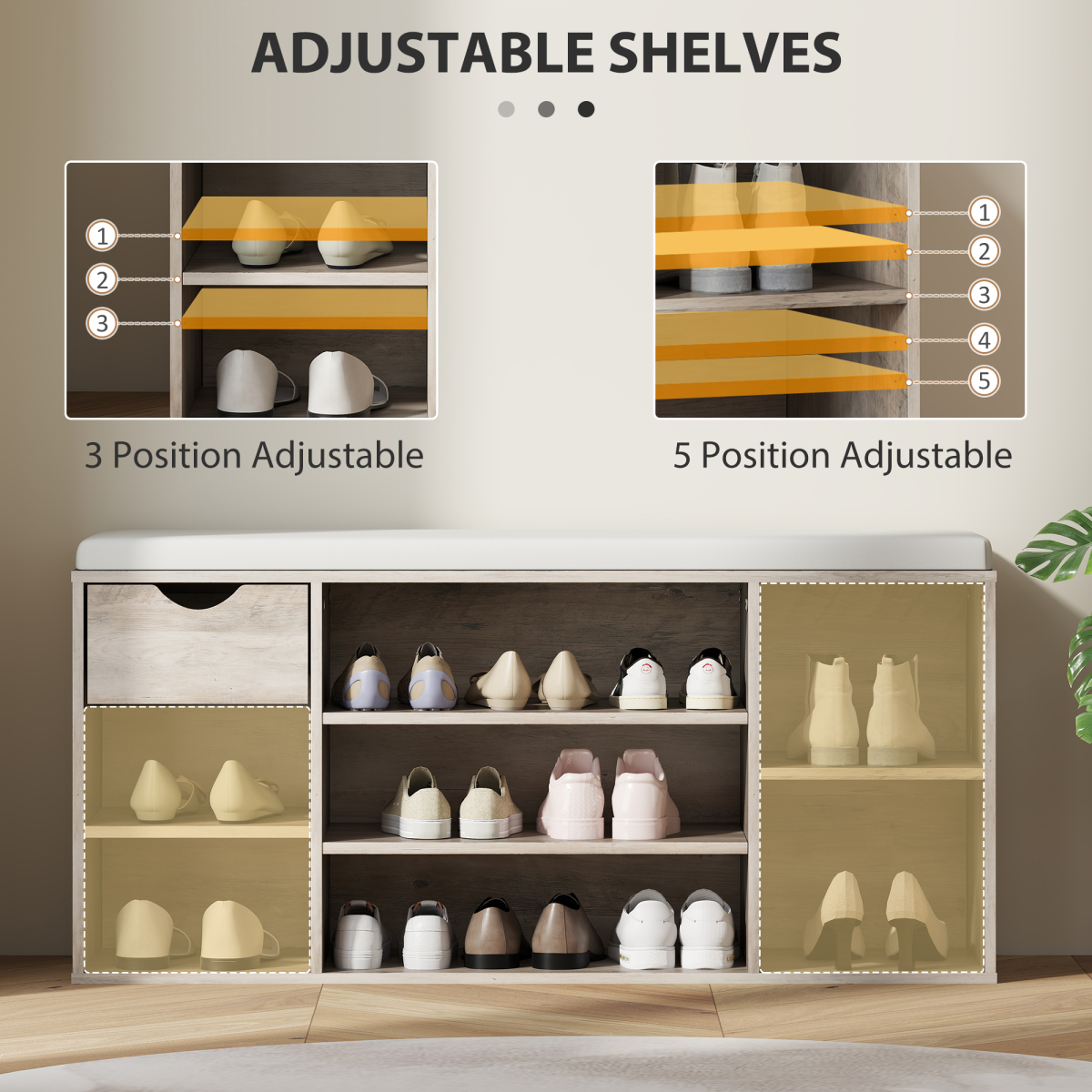 HOMCOM Shoe Storage Cabinet Bench w/ Cushion Adjustable Shelves