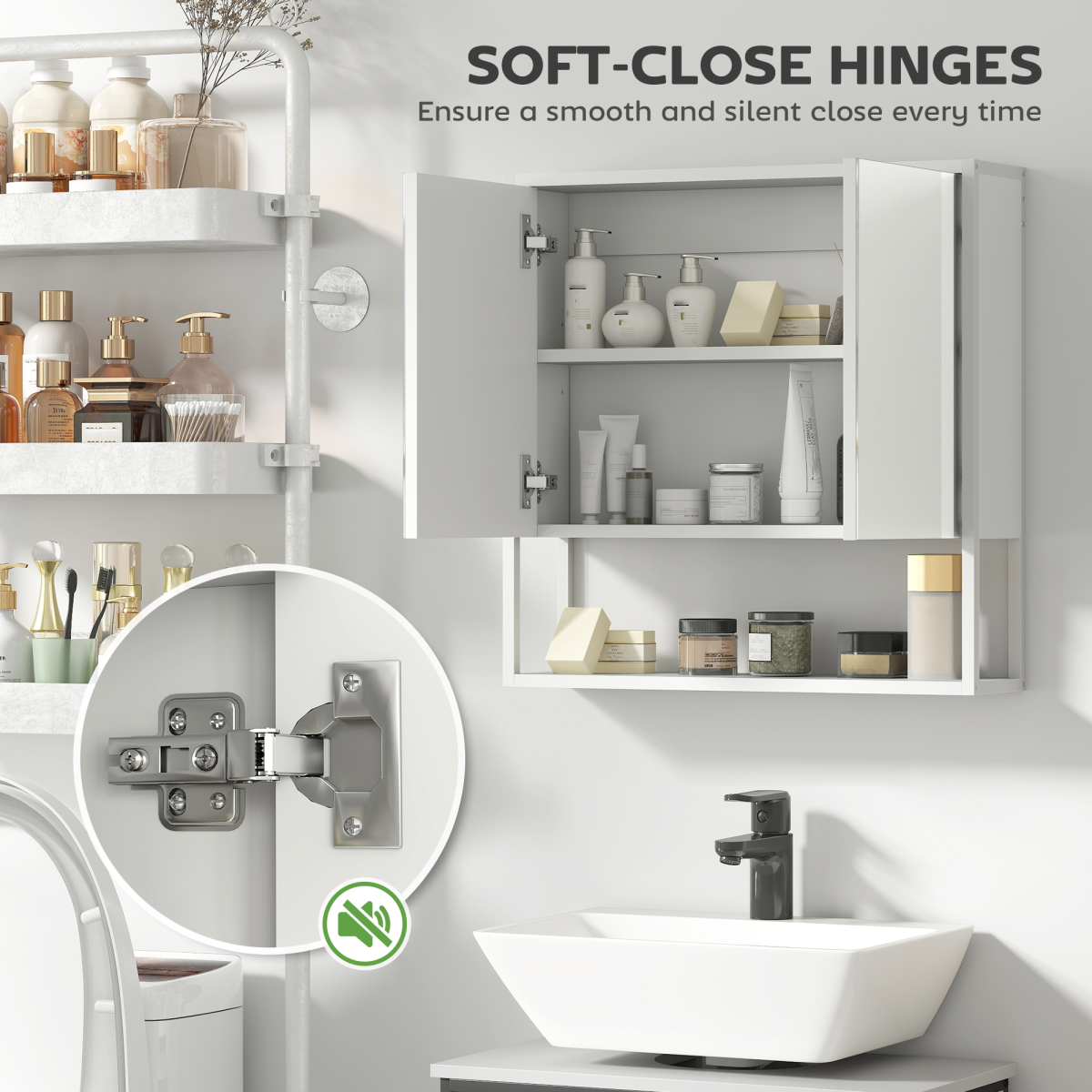 HOMCOM Industrial Bathroom Cabinet with 2 Mirrored Doors Open Shelf