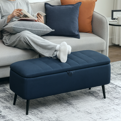 HOMCOM Storage Ottoman Bench, Linen Fabric Footstool with Steel Legs Blue