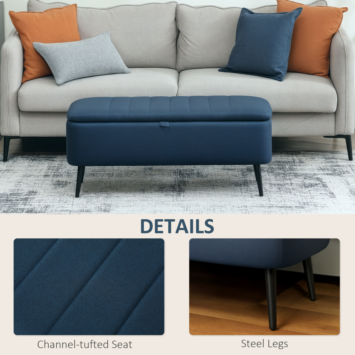 HOMCOM Storage Ottoman Bench, Linen Fabric Footstool with Steel Legs Blue