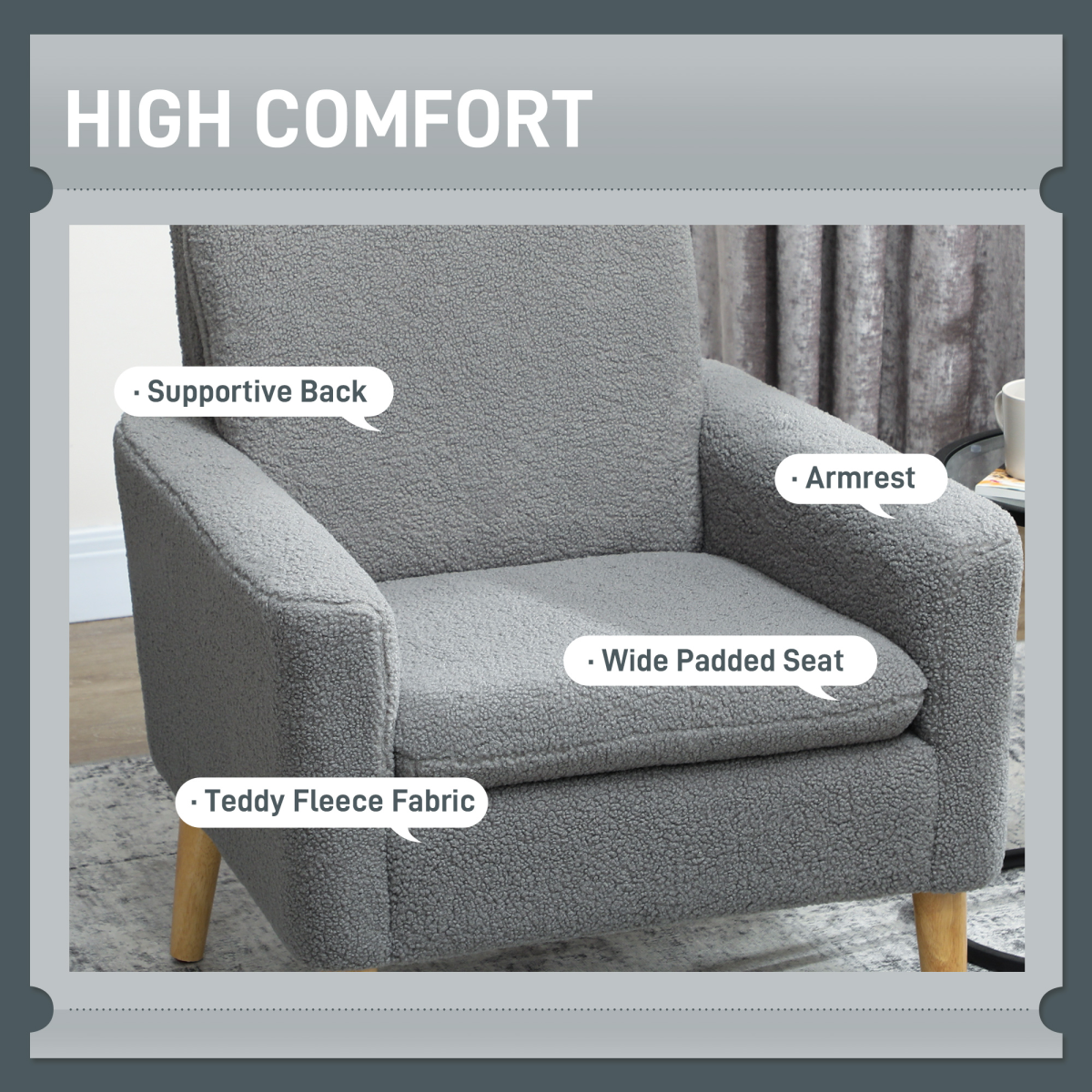 HOMCOM Modern Accent Chair with Wood Legs, Wide Seat, Teddy Armchair, Grey
