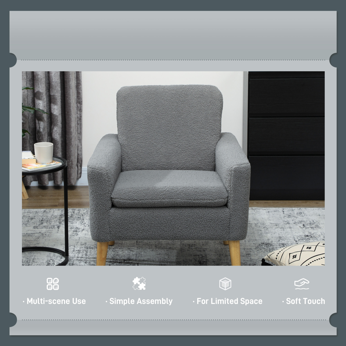 HOMCOM Modern Accent Chair with Wood Legs, Wide Seat, Teddy Armchair, Grey