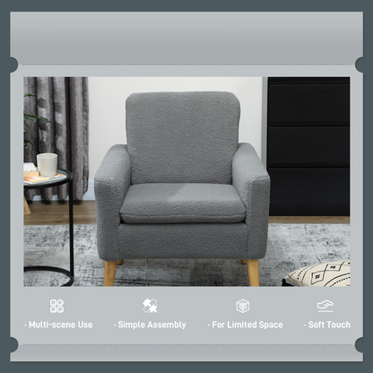 HOMCOM Modern Accent Chair with Wood Legs, Wide Seat, Teddy Armchair, Grey