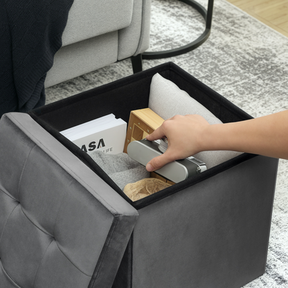 HOMCOM Foldable Velvet-Feel Storage Ottoman, 38 x 38 x 38 cm, Grey