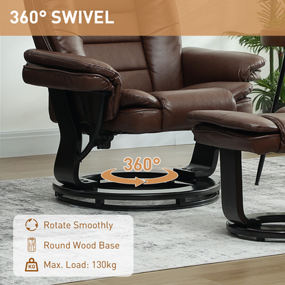 HOMCOM Swivel Manual Recliner and Footrest Set PU Leather Chair Brown