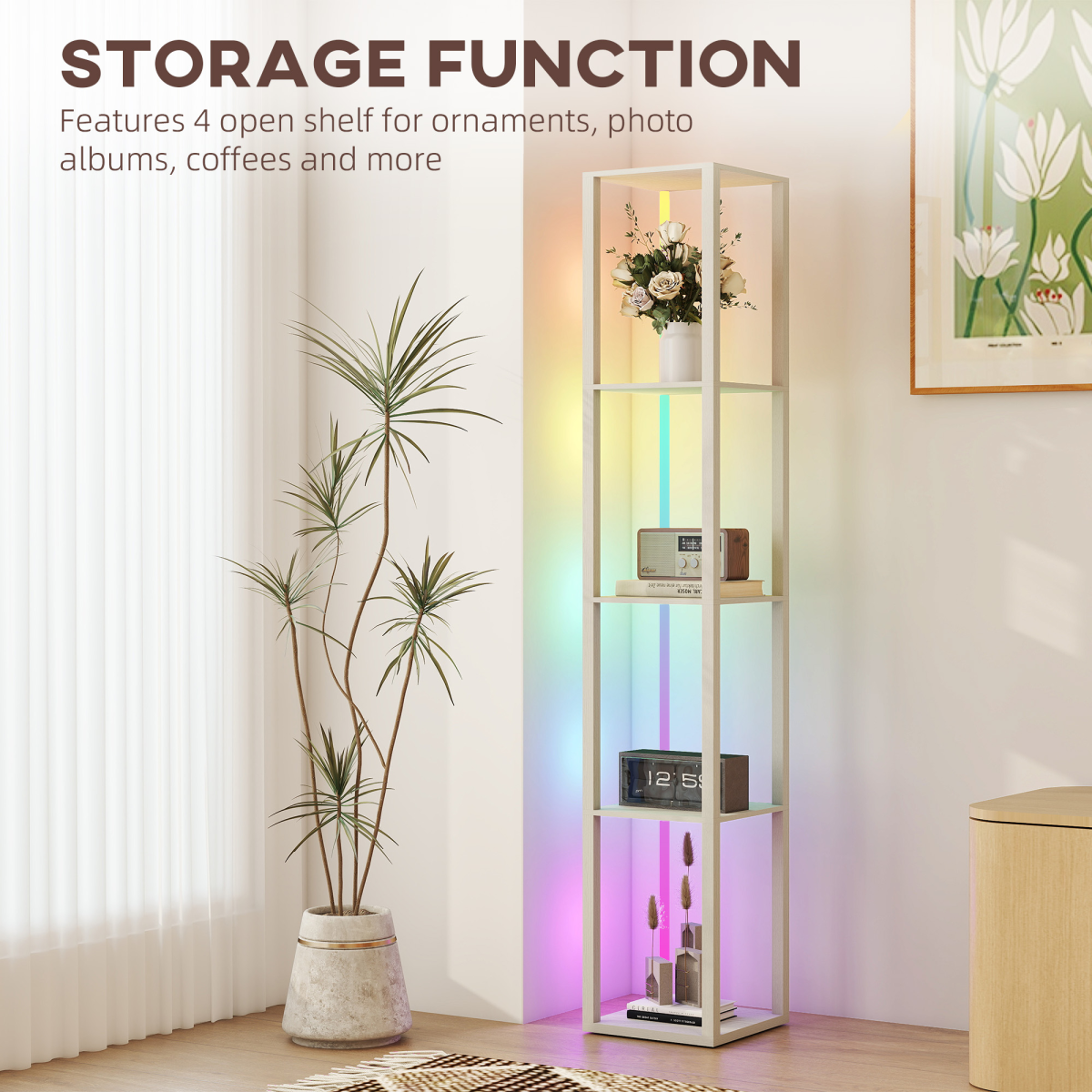 HOMCOM RGB LED Floor Lamp with Shelves and Remote Control for Bedroom