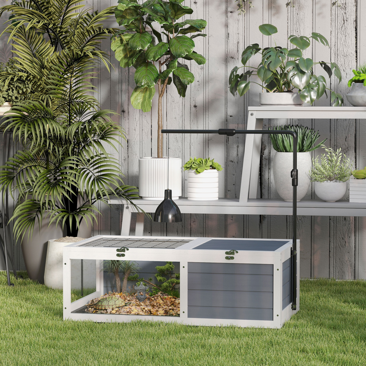 PawHut Tortoise House, Wooden Tortoise Table w/ Lamp Holder