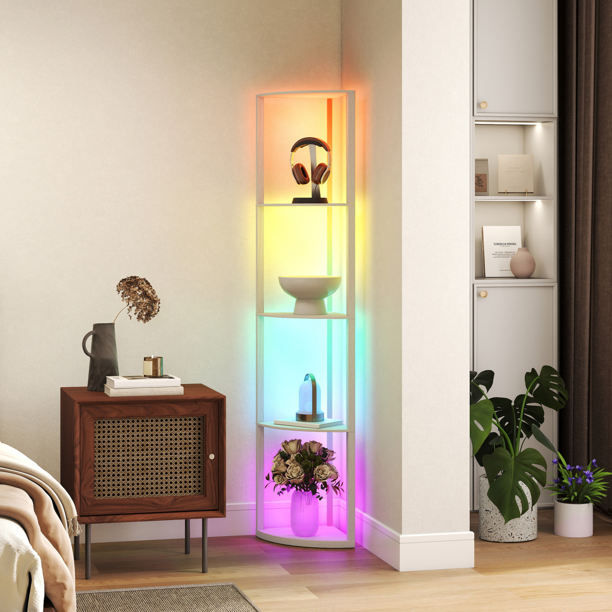 HOMCOM RGB LED Floor Lamp with Shelves and Remote Control for Living Room
