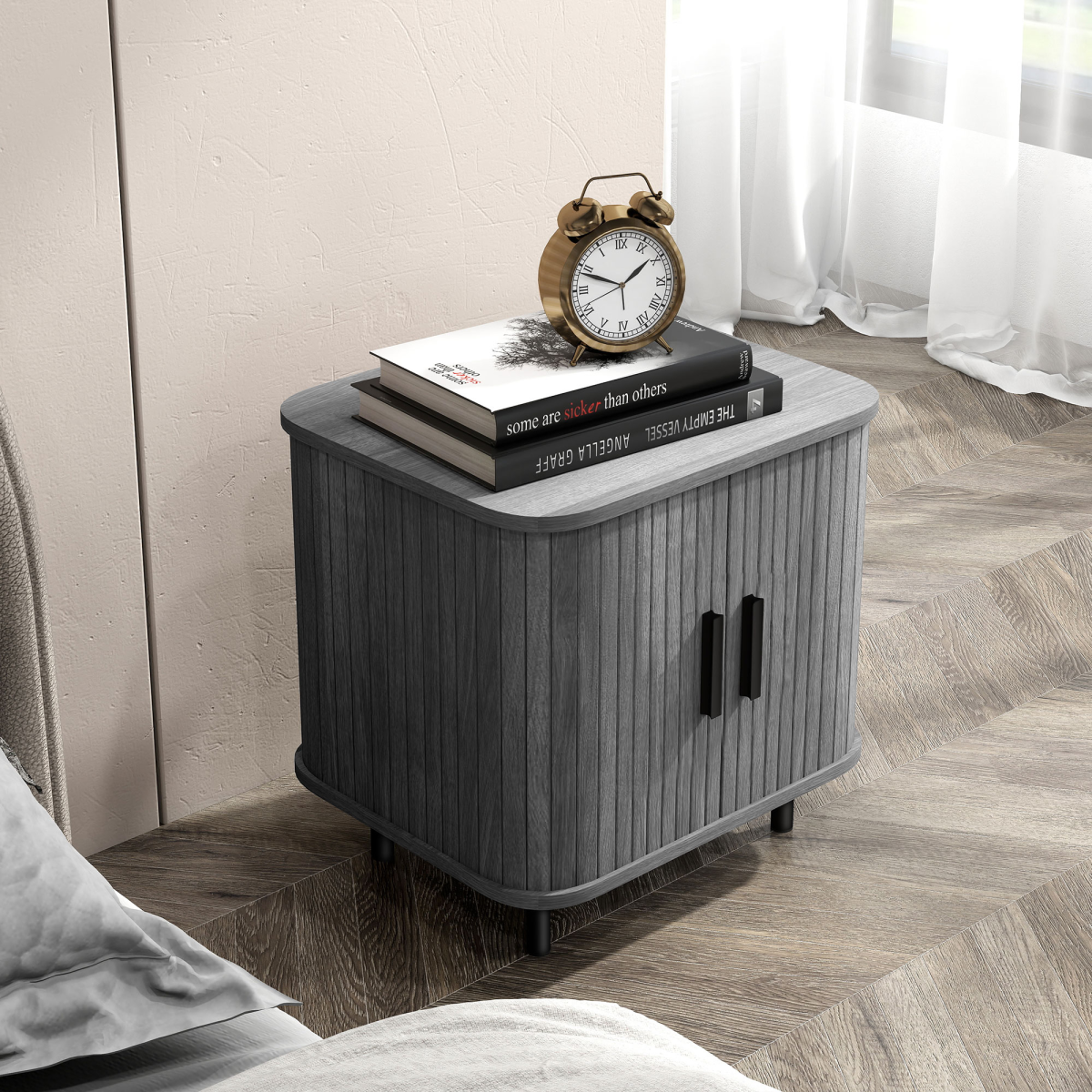 HOMCOM Nightstand with Sliding Doors and Metal Legs for Bedroom Grey