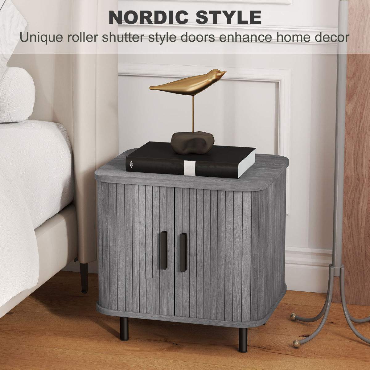 HOMCOM Nightstand with Sliding Doors and Metal Legs for Bedroom Grey