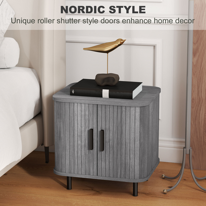 HOMCOM Nightstand with Sliding Doors and Metal Legs for Bedroom Grey