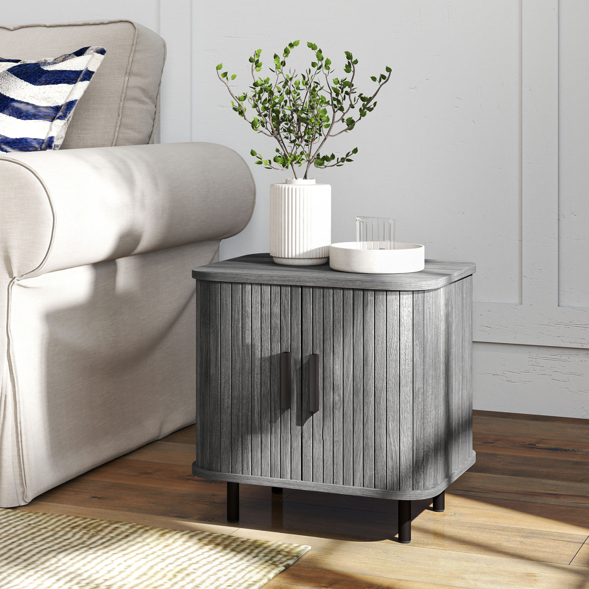 HOMCOM Nightstand with Sliding Doors and Metal Legs for Bedroom Grey