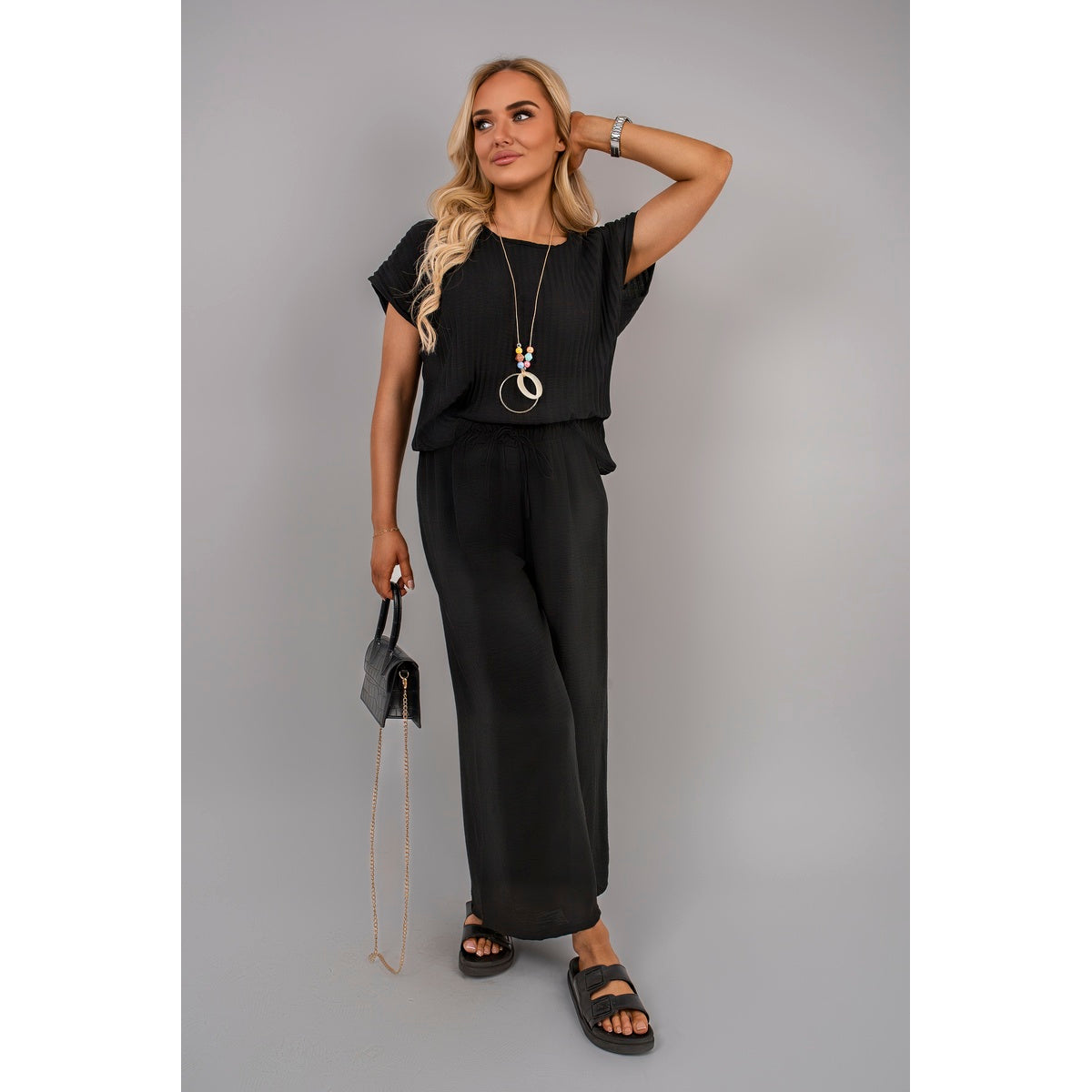 Ribbed Short Sleeve Top and Wide Leg Trouser Co-ord Set