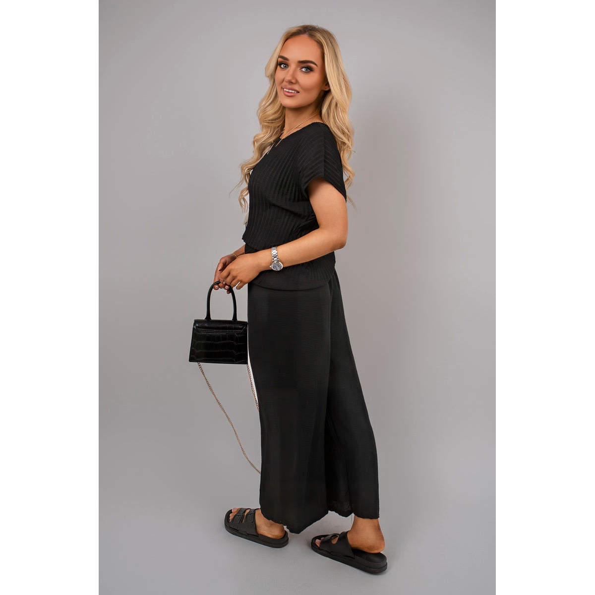 Ribbed Short Sleeve Top and Wide Leg Trouser Co-ord Set