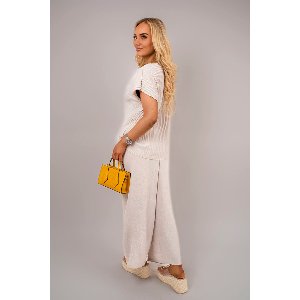 Ribbed Short Sleeve Top and Wide Leg Trouser Co-ord Set
