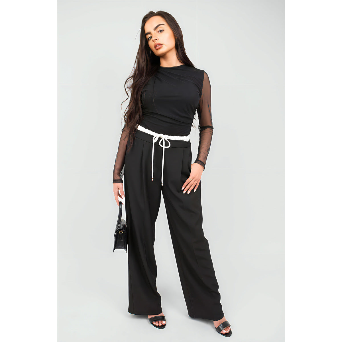Double Waist Band Drawstring Wide Leg Trousers