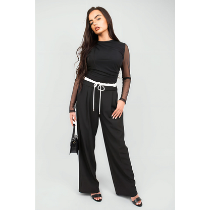Double Waist Band Drawstring Wide Leg Trousers