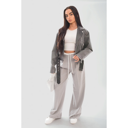 Double Waist Band Drawstring Wide Leg Trousers