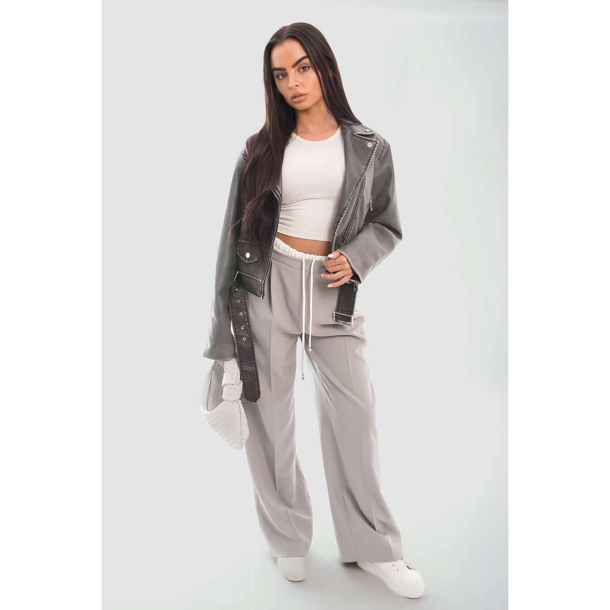 Double Waist Band Drawstring Wide Leg Trousers