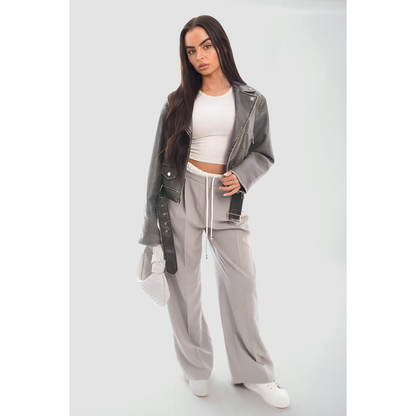 Double Waist Band Drawstring Wide Leg Trousers