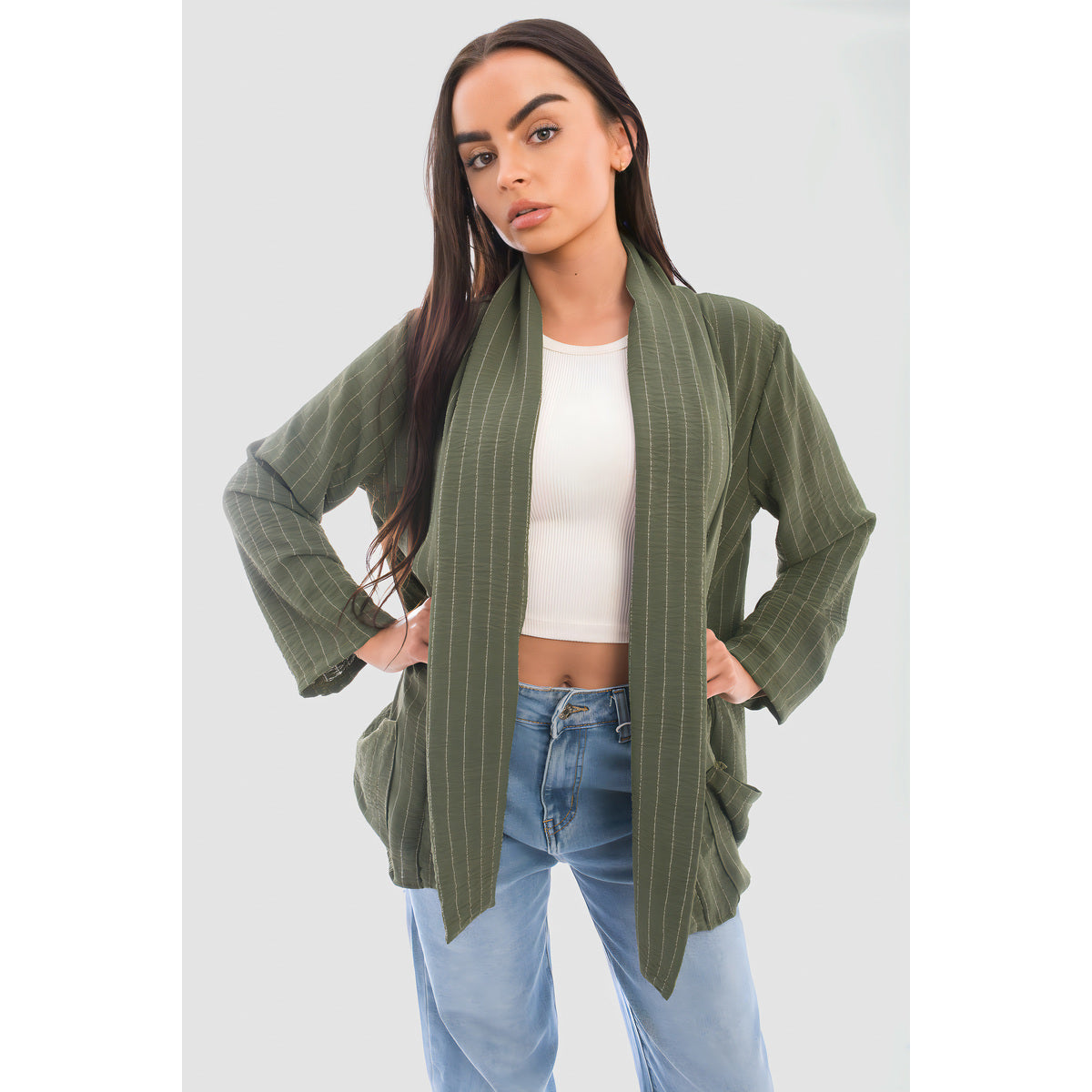 Oversized Striped Long Sleeve Cardigan with Pockets