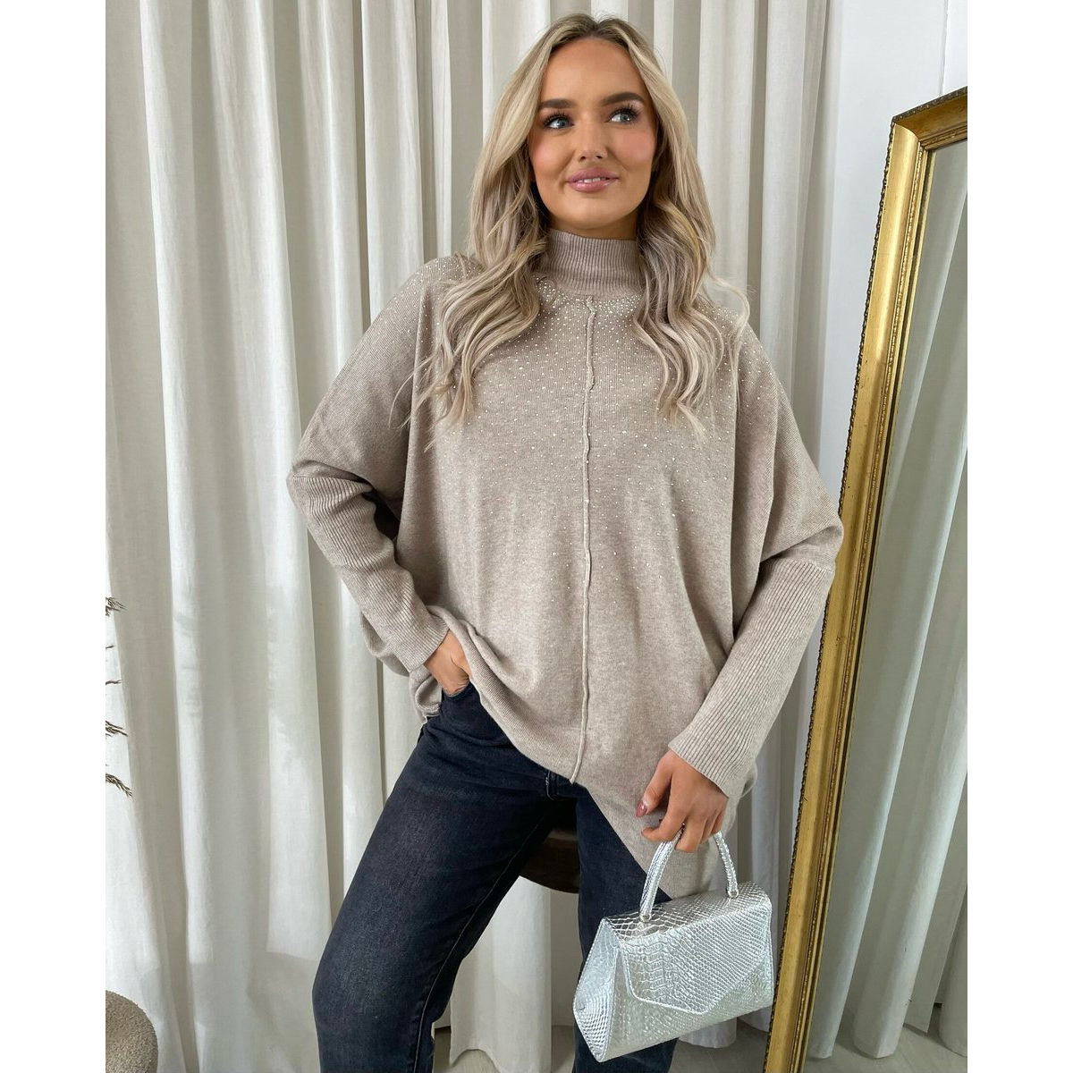 Rhinestone Detail Oversized Knitted Jumper