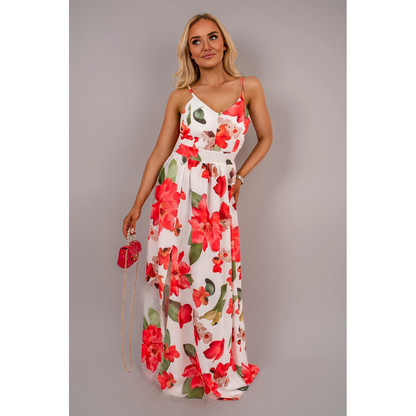 V Neck Spaghetti Strap Maxi Dress with Floral Print