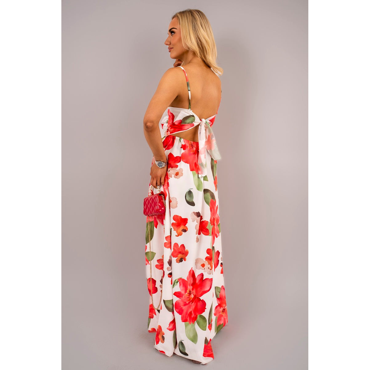 V Neck Spaghetti Strap Maxi Dress with Floral Print